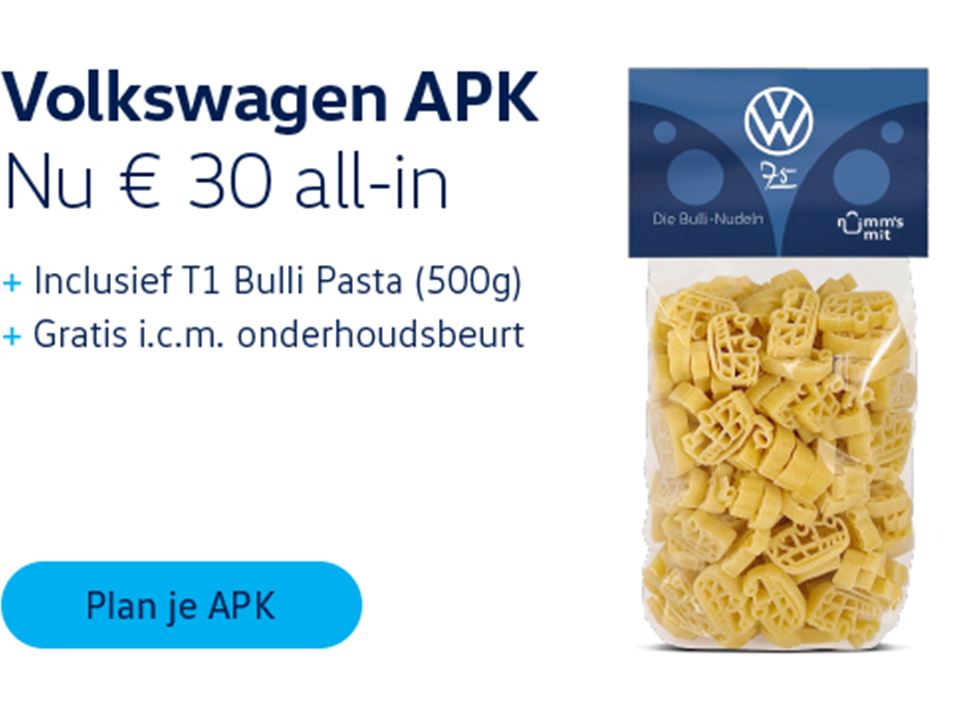 sept/okt 2022 | gratis T1 Bulli pasta bij VW Bedrijfswagens APK -> plan meteen je apk